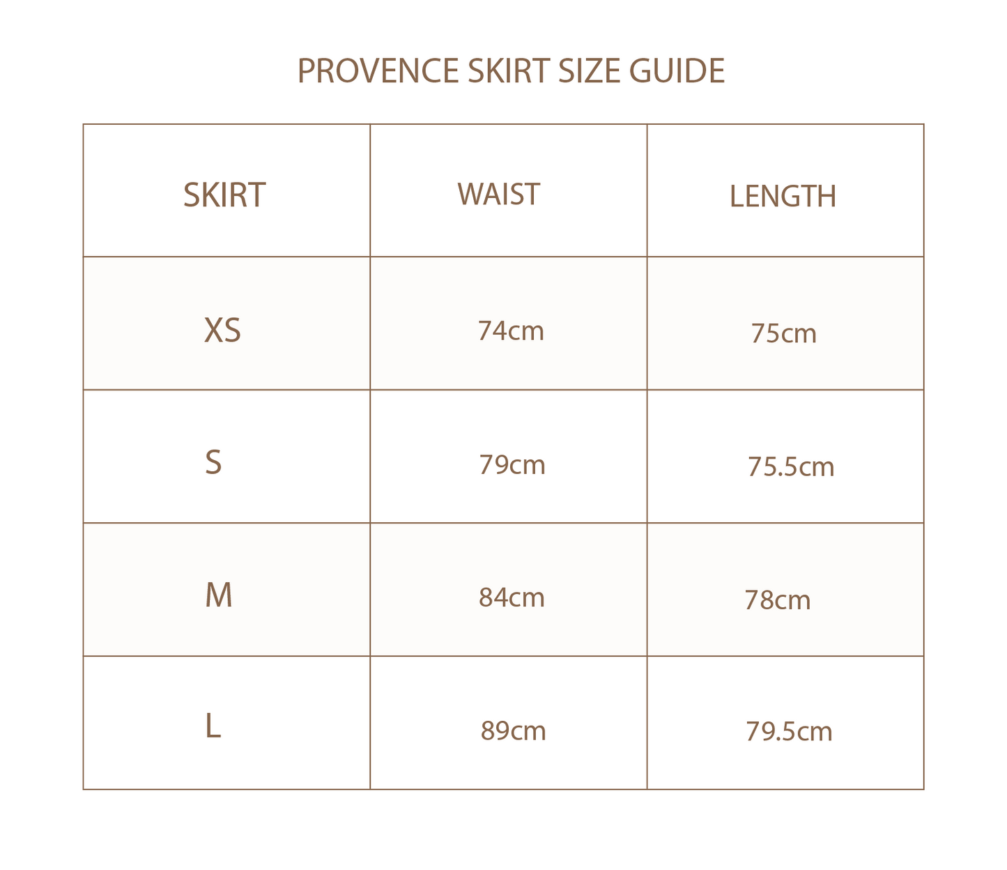 Provence Skirt size guide with waist and length measurements.