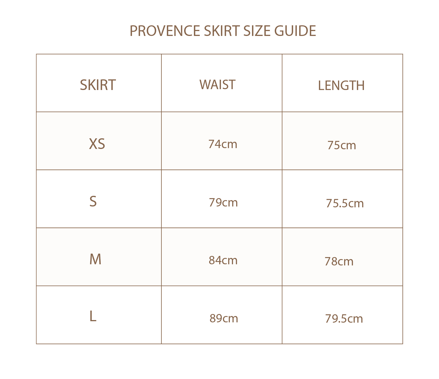 Provence Skirt size guide with waist and length measurements.